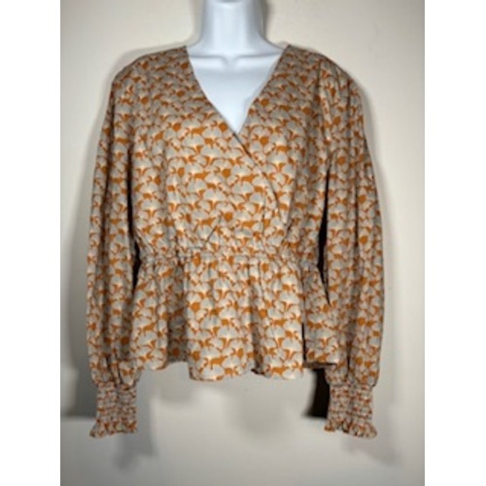 VERSONA Peplum Top XL Orange Ginkgo Print Smocked Cuff V-Neck Blouse Boho Cotton
